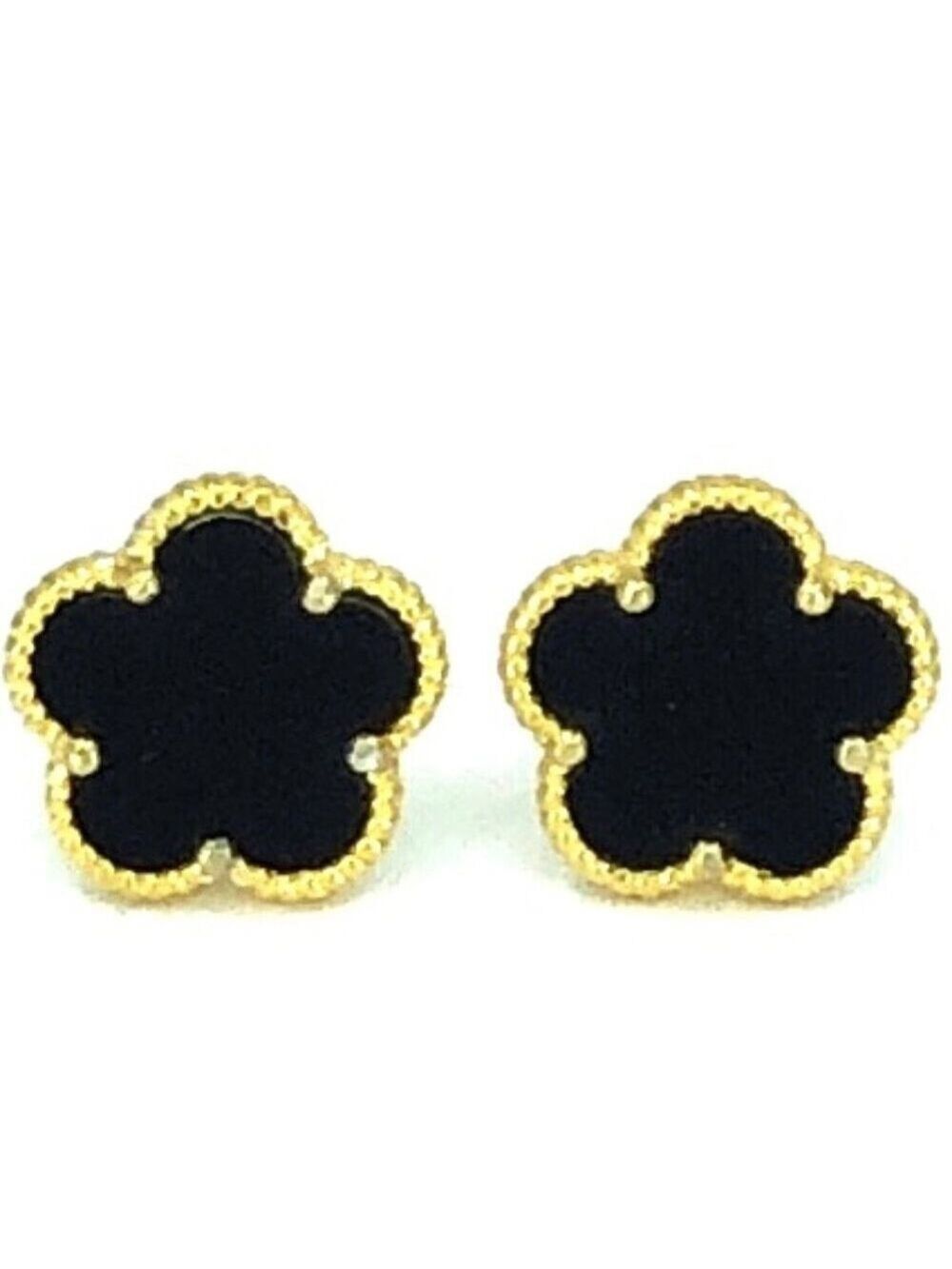 Clover 5 Leave Stud Earrings 18k GP 925 Sterling Silver / Black Onyx - Picture 5 of 6